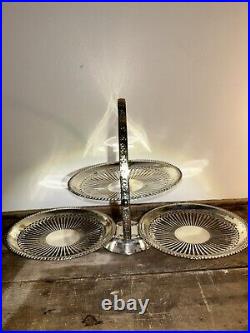 Unusual Vintage English Silver Plate 3 Tier Floral Edge Folding Dessert Tray