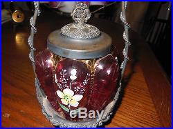 Vintage Cranberry Glass Pickle Castor Handpainted Floral Enamels Silverplate