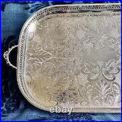 VINTAGE English Sheffield Silver Plated Gallery Tea Drinks Serving Butler Tray