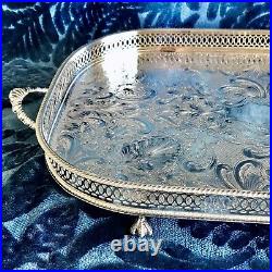VINTAGE English Sheffield Silver Plated Gallery Tea Drinks Serving Butler Tray