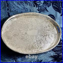 VINTAGE English Silver Plated Oval Gallery Tea Drinks Serving Butlers Tray