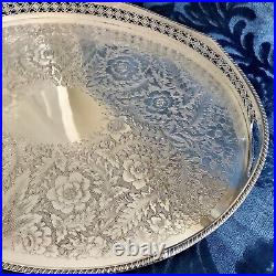VINTAGE English Silver Plated Oval Gallery Tea Drinks Serving Butlers Tray