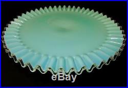 VINTAGE FENTON ART GLASS TURQUOISE SILVER CREST PEDESTAL FOOTED CAKE PLATE 1950s