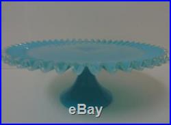 VINTAGE FENTON ART GLASS TURQUOISE SILVER CREST PEDESTAL FOOTED CAKE PLATE 1950s