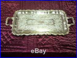 VINTAGE LARGE SILVER PLATE ORNATE SCROLLED TEA SERVING TRAY with HANDLES + FEET