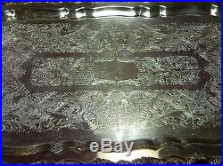 VINTAGE LARGE SILVER PLATE ORNATE SCROLLED TEA SERVING TRAY with HANDLES + FEET