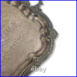 VINTAGE Large Ornate Engraving Silver Plated Footed Handled Serving Tray