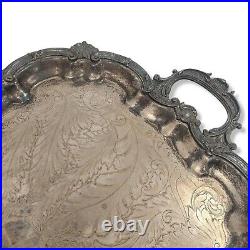 VINTAGE Large Ornate Engraving Silver Plated Footed Handled Serving Tray