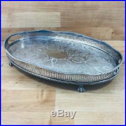 VINTAGE Large Silver Plated Chased Ball Claw Footed Oval Gallery Drinks Tea Tray