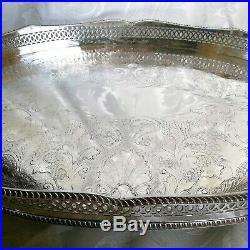 VINTAGE Large Silver Plated Chased Footed Gallery Galleried Oval Drinks Tea Tray