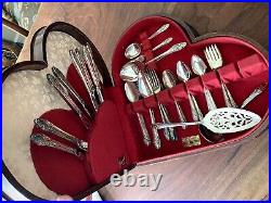 VINTAGE ONEIDA COMMUNITY (Romantic Heart Shaped Box) 63 PIECE SILVER PLATE SET