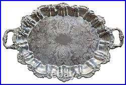 VINTAGE Ornate Silver Plate 22.75 Handled / Footed Serving Platter Tray