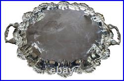 VINTAGE Ornate Silver Plate 22.75 Handled / Footed Serving Platter Tray