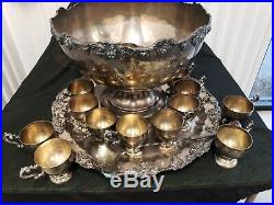VINTAGE Punch Bowl 12 Cups, Tray, Ladle GRAPES Silverplate