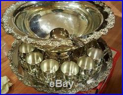 VINTAGE SHERIDAN 15 PC. SILVER PLATE PUNCH BOWL SET LARGE USED ONCE. NICE