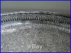 VINTAGE SILVER PLATE 15.5 GALLERY TRAY ALL-OVER ENGRAVED DESIGN & PIERCED RIM