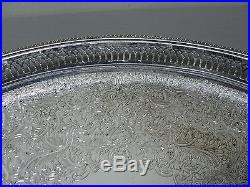 VINTAGE SILVER PLATE 15.5 GALLERY TRAY ALL-OVER ENGRAVED DESIGN & PIERCED RIM