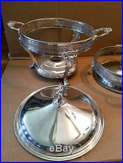 VINTAGE SILVERPLATE FOOTED CASSEROLE DISH STAND BUFFET SERVER Lot of 4 with lids
