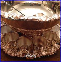 VINTAGE Sheridan Silver Plated Punch Bowl Set Large Tray Ladle with 12 Cups