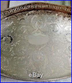 VINTAGE Silver Plated Large Oval Chased Footed Tea Drinks Serving Gallery Tray
