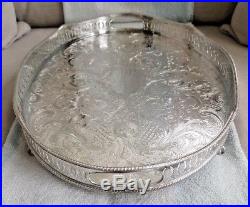VINTAGE Silver Plated Large Oval Chased Footed Tea Drinks Serving Gallery Tray