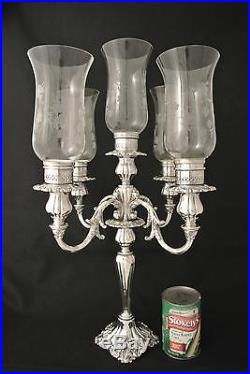 VINTAGE WALLACE BAROQUE ROCOCO MASSIVE 5 LIGHT CANDELABRA With ETCHED GLASS CANDLE