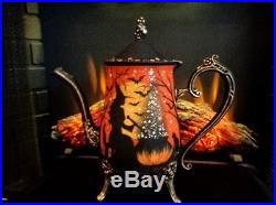 VINTAGE WITCHS & BLACK CATS SILVER PLATE HALLOWEEN TEA SET HP by Peggy G