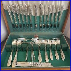 VTG 1937 Rose and Leaf National Silver Co. A1 Silver Plated Silverware 60 pc