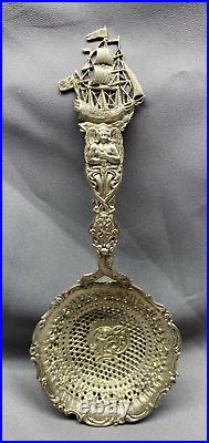 VTG Ornate Figural Pierced Nautical Silver Plate Serving Spoon Cherub Angel Ship