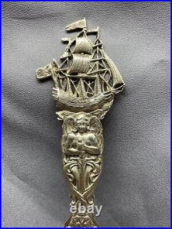 VTG Ornate Figural Pierced Nautical Silver Plate Serving Spoon Cherub Angel Ship