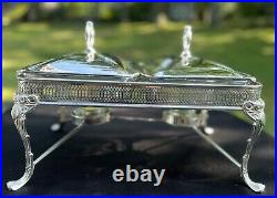 VTG Silver Plated Marinex Double Chafing Buffet Serving Dish & Stand EUC LOVELY