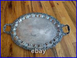 VTG Victorian Silver Plate Serving Tray 27 X17.5 Footed Ornate Heavy