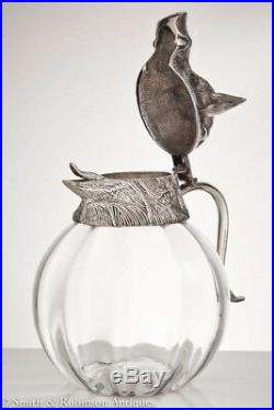 Valenti Glass Pitcher with Silver Plate Boars Head Top RARE Vintage 1960s