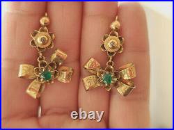 Victorian Earrings In The Shape Of Ribbon. Gold-plated Silver, Diamond, Emaralds