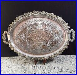 Vintag/Antique Large Oval Silver on Copper Tray Platter with Brass Trim 23