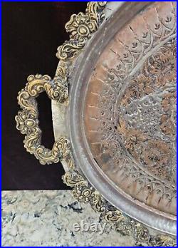 Vintag/Antique Large Oval Silver on Copper Tray Platter with Brass Trim 23