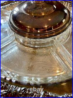 Vintage 1950s SHERIDAN Silver Plated Lazy Susan Pedestal Tray with Glass Trays