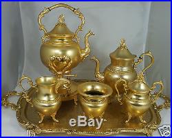 Vintage 24k Gold Silver Plated Copper Tea Set Tray, Kettle, Pot, Sugar, Creamer