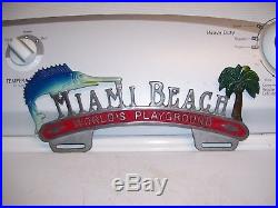 Vintage 50s nos MIAMI Beach Florida vacation promo License plate topper auto gm