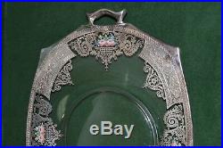 Vintage ABP Sterling Silver, Glass, and Enamel Serving Platter withHandles Heisey