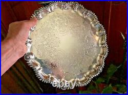Vintage Antique Silver Plate Tray Large Round 13.5 Ornate Heavy Quality NY