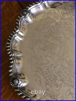 Vintage Antique Silver Plate Tray Large Round 13.5 Ornate Heavy Quality NY