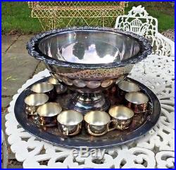 Vintage Antique Victorian Oneida Silver Plate Punch Bowl, Tray & 12 Cups