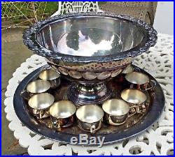 Vintage Antique Victorian Oneida Silver Plate Punch Bowl, Tray & 12 Cups