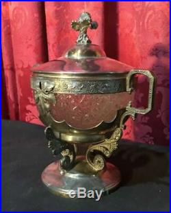 Vintage Antique Victorian Silver Plate & Art Glass Sugar Bowl Condiment Jar