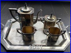 Vintage Art Deco SILO Quadruple Silver Plate Teapot/Coffee Set withTray -5 Pieces