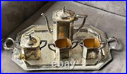 Vintage Art Deco SILO Quadruple Silver Plate Teapot/Coffee Set withTray -5 Pieces