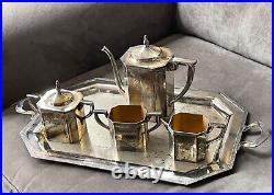 Vintage Art Deco SILO Quadruple Silver Plate Teapot/Coffee Set withTray -5 Pieces