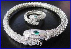 Vintage Art Deco Silver Plate Snake Egyptian Revival Bracelet Ring Emerald Green