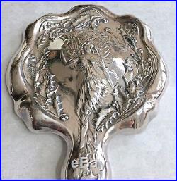 Vintage Art Nouveau Angel With Trumpet Silver-Plated Antique Vanity Hand Mirror